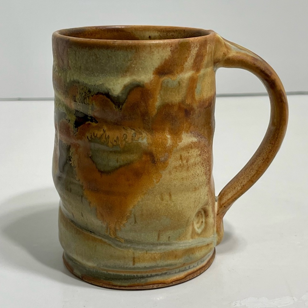 Studio Art Pottery Ribbed Stoneware Coffee Mug Rustic Earthy Multi-Toned Glaze
